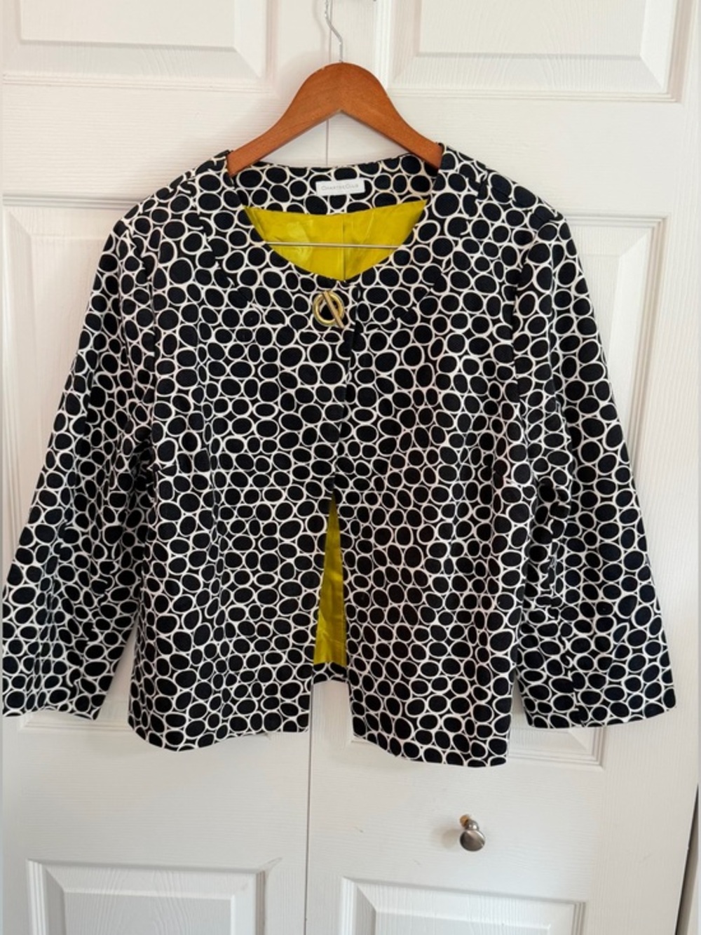 Charter Club Black White Circle Print Cotton Jacket Chartreuse 3/4 Sleeve Blazer